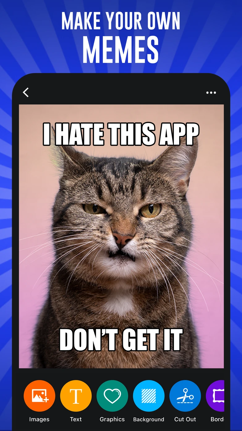 Meme editor with a cat photo captioned in classic top and bottom text